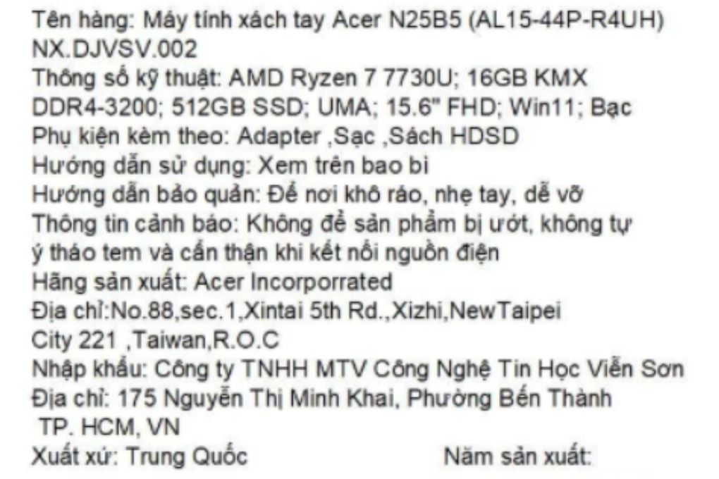 Laptop Acer Aspire Lite 15 AL15-44P-R4UH - NX.DJVSV.002 (R7 7730U, 16GB, 512GB, Full HD, Win11) Màu Bạc