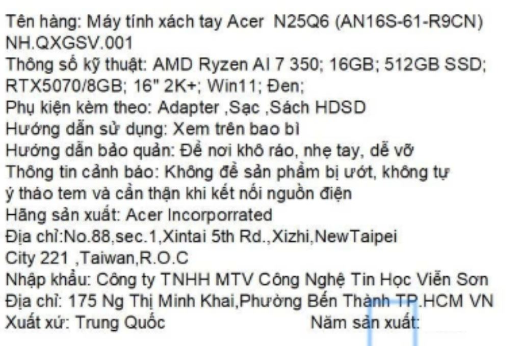 Laptop Acer Gaming Nitro ProPanel AN16S-61-R9CN - NH.QXGSV.001 (Ryzen AI 7 350, 16GB, 512GB, RTX 5070 8GB, 2K+ 180Hz, Win11) Màu Đen