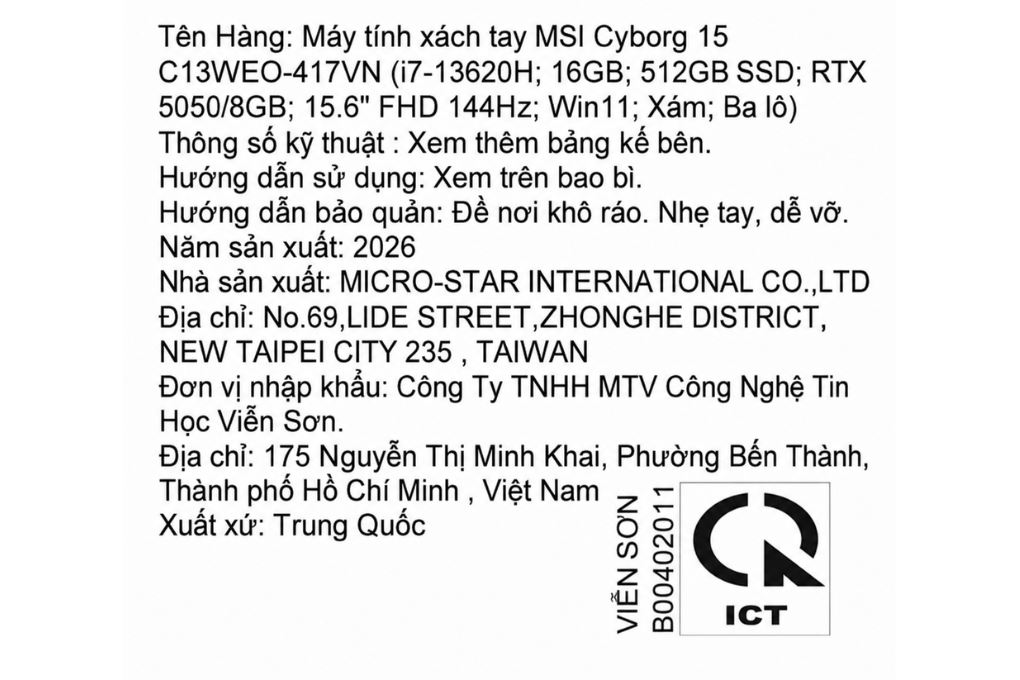 Laptop MSI Gaming Cyborg 15 C13WEO-417VN (i7 13620H, 16GB, 512GB, RTX 5050 8GB, Full HD 144Hz, Win11) Màu Xám