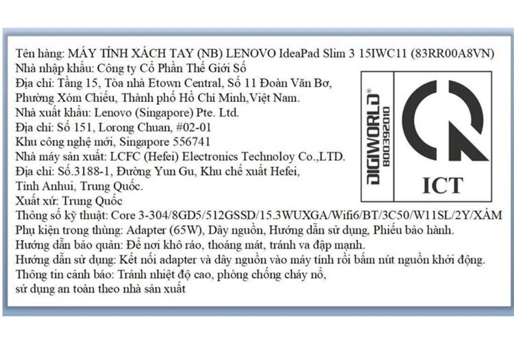 Laptop Lenovo IdeaPad Slim 3 15IWC11 - 83RR00A8VN (Core 3 304, 8GB, 512GB, WUXGA, Win11) Màu Xám