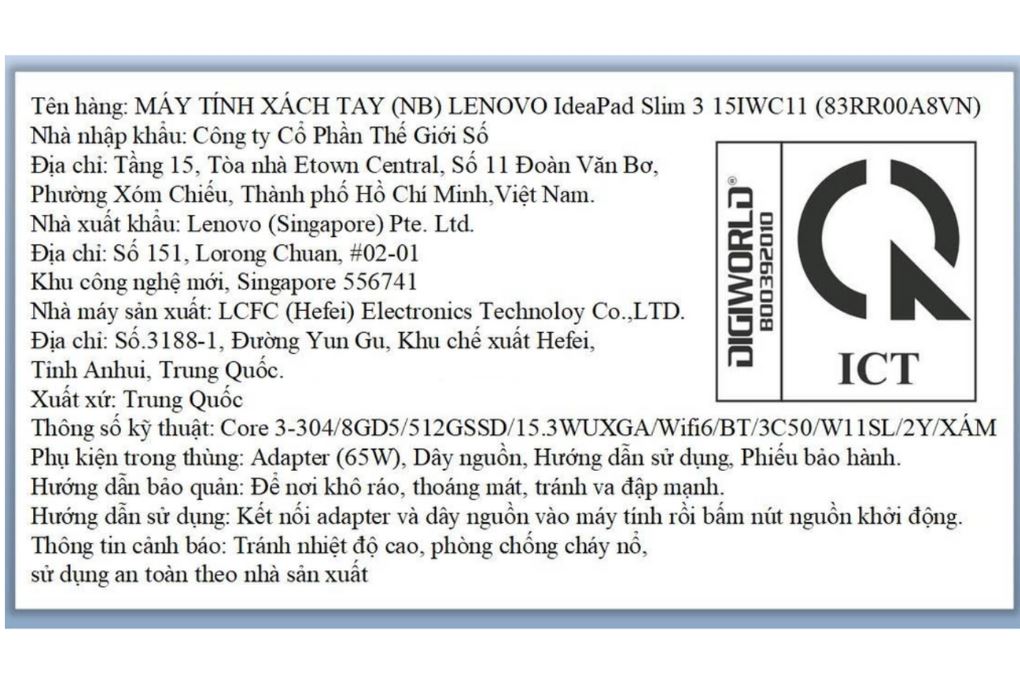 Laptop Lenovo IdeaPad Slim 3 15IWC11 - 83RR00A8VN (Core 3 304, 8GB, 512GB, WUXGA, Win11) Màu Xám