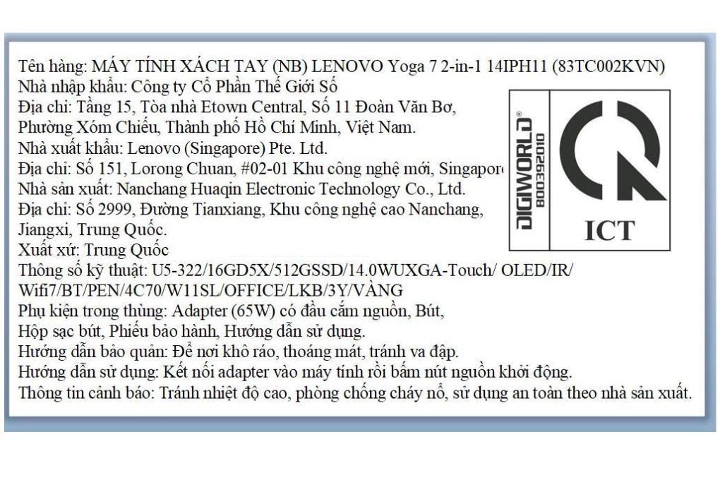 Laptop Lenovo Yoga 7 2in1 14IPH11 - 83TC002KVN (Ultra 5 322, 16GB, 512GB, WUXGA OLED, Cảm ứng, OfficeH24+365, Win11) Màu Bạc