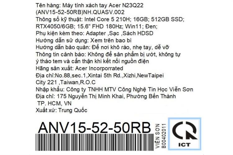 Laptop Acer Nitro ProPanel ANV15-52-50RB - NH.QUASV.002 (Core 5 210H, 16GB, 512GB, RTX 4050 6GB, Full HD 180Hz, Win11) Màu Đen