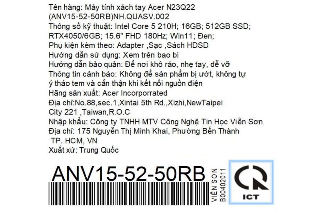 Laptop Acer Nitro ProPanel ANV15-52-50RB - NH.QUASV.002 (Core 5 210H, 16GB, 512GB, RTX 4050 6GB, Full HD 180Hz, Win11) Màu Đen