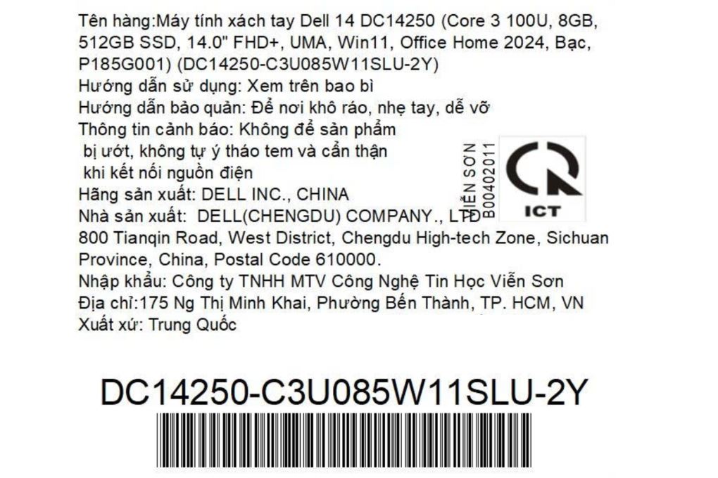 Laptop Dell 14 DC14250 - DC14250-C3U085W11SLU-2Y (Core 3 100U, 8GB, 512GB, Full HD+, OfficeH24+365, Win11) Màu Bạc