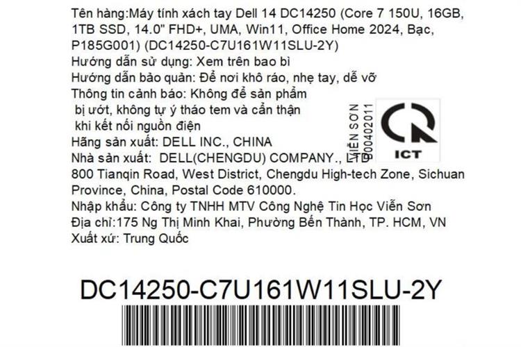 Laptop Dell 14 DC14250 - DC14250-C7U161W11SLU-2Y (Core 7 150U, 16GB, 1TB, Full HD+ ,OfficeH24+365, Win11) Màu Bạc