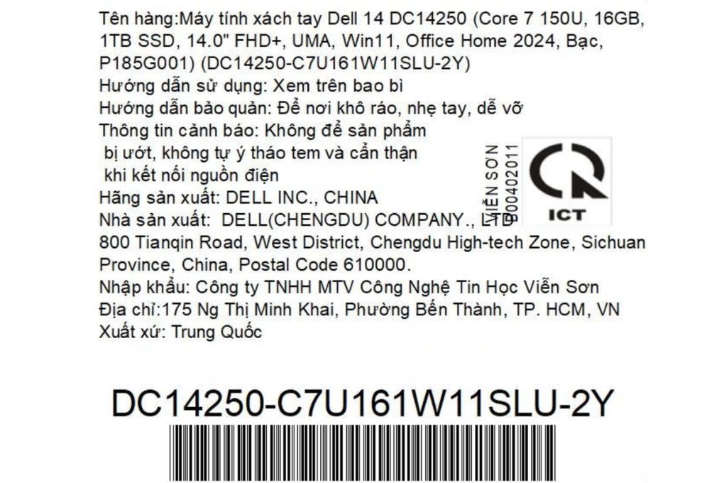 Laptop Dell 14 DC14250 - DC14250-C7U161W11SLU-2Y (Core 7 150U, 16GB, 1TB, Full HD+ ,OfficeH24+365, Win11) Màu Bạc
