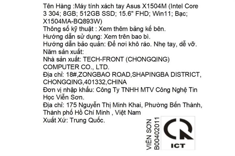 Laptop Asus Vivobook Go 15 X1504MA - BQ893W (Core 3 304, 8GB, 512GB, Màu Bạc