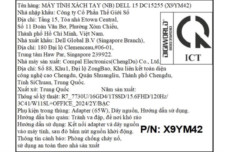 Laptop Dell 15 DC15255 - X9YM42 (R7 7730U, 16GB, 1TB, Full HD 120Hz, OfficeH24+36, Win11) Màu Bạc
