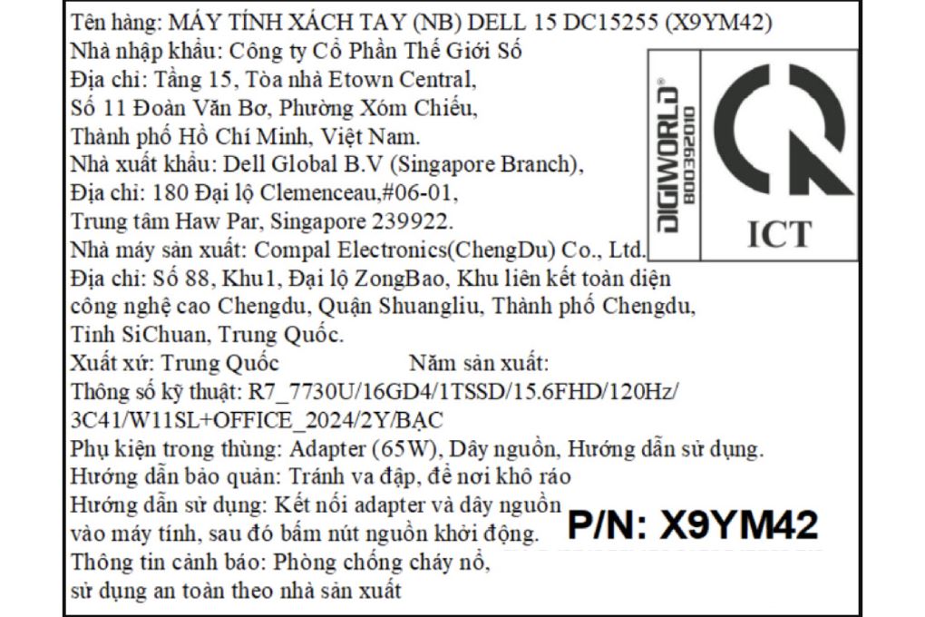 Laptop Dell 15 DC15255 - X9YM42 (R7 7730U, 16GB, 1TB, Full HD 120Hz, OfficeH24+36, Win11) Màu Bạc