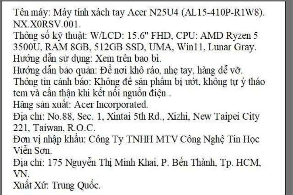 Laptop Acer Aspire Lite 15 AL15-410P-R1W8 - NX.X0RSV.001 (Ryzen 5 3500U, 8GB, 512GB, Full HD, Win11) Màu Xám