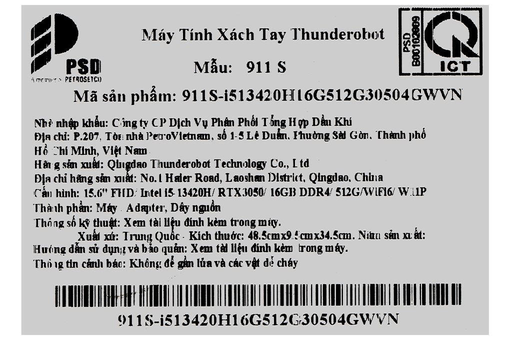 Laptop Thunderobot Gaming 911 S (i5 13420H, 16GB, 512GB, RTX 3050 4GB, Full HD 144Hz, Win11Pro) Màu Đen