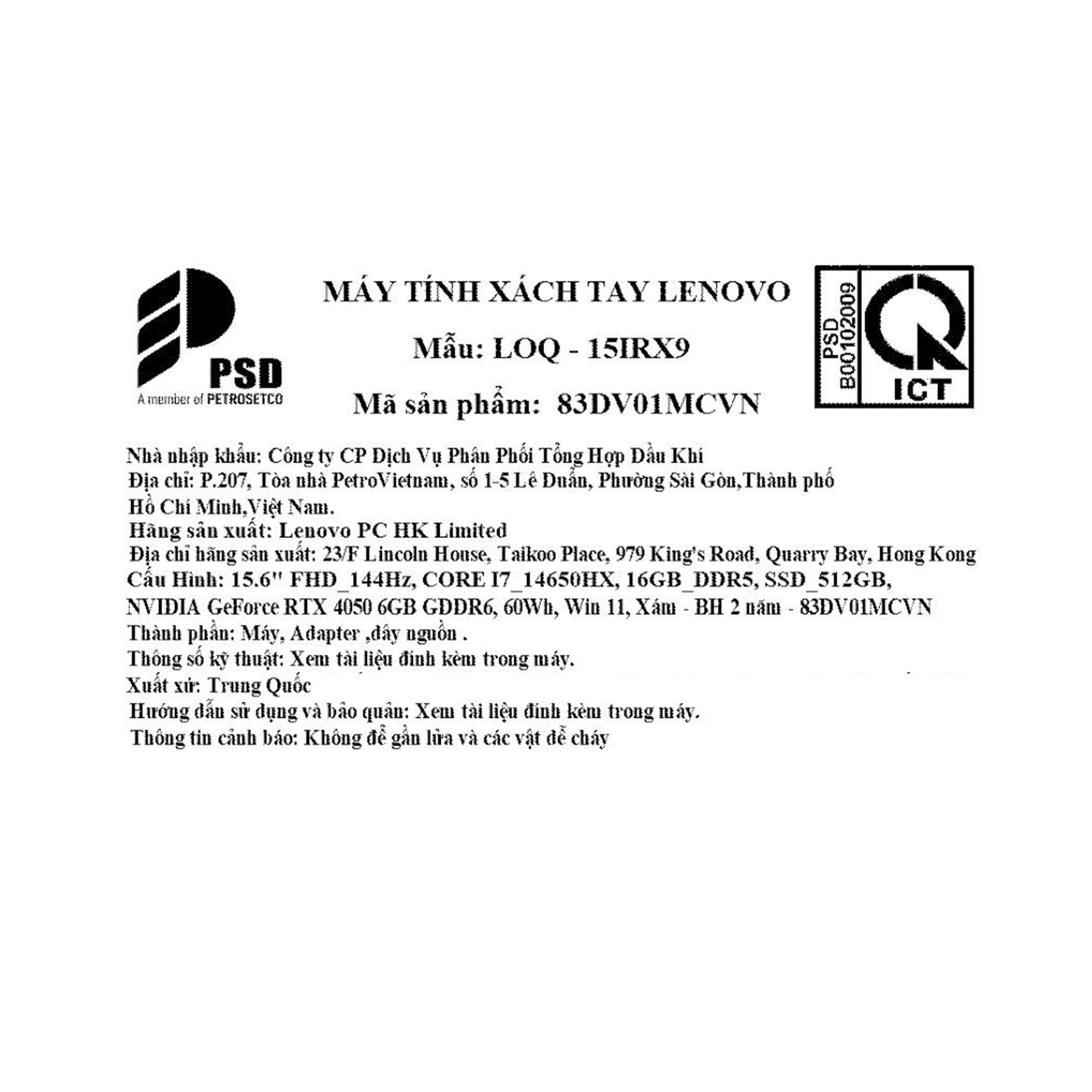 Laptop Lenovo Gaming LOQ 15IRX9 - 83DV01MCVN (i7 14650HX, 16GB, 512GB, RTX 4050 6GB, Full HD 144Hz, Win11) Màu Xám