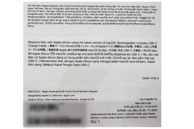 Bàn Phím Apple Magic Keyboard USB C Touch ID có phím số Màu Đen