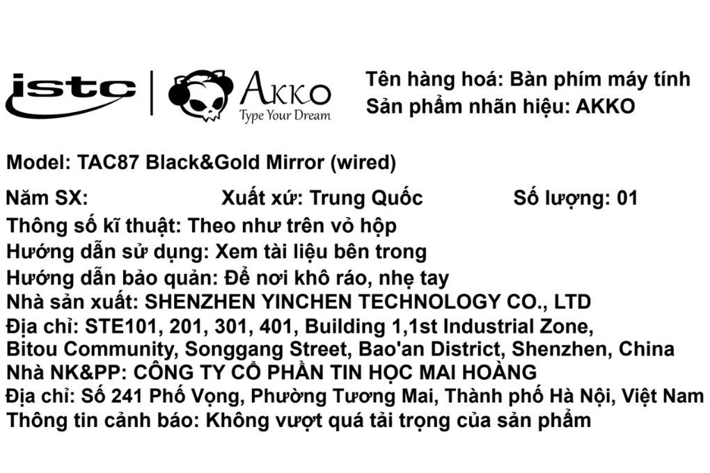 Bàn Phím Cơ Có Dây Akko TAC87 Black&Gold Mirror Màu Đen