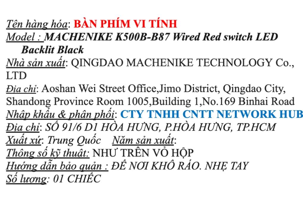 Bàn Phím Cơ Có Dây Machenike K500B B87 Wired Red switch LED Backlit Màu Đen