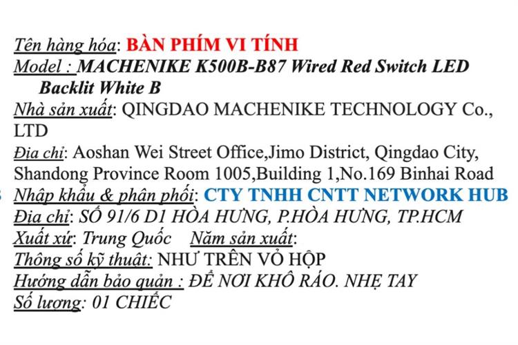 Bàn Phím Cơ Có Dây Machenike K500B B87 Wired Red switch LED Backlit Màu Trắng