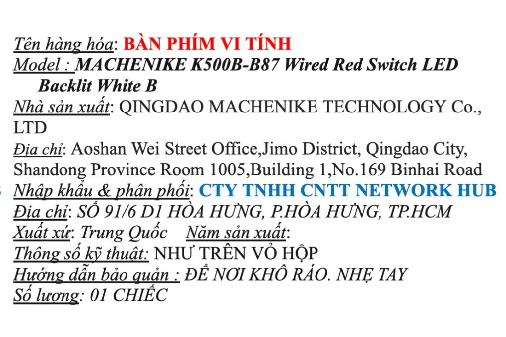 Bàn Phím Cơ Có Dây Machenike K500B B87 Wired Red switch LED Backlit Màu Trắng