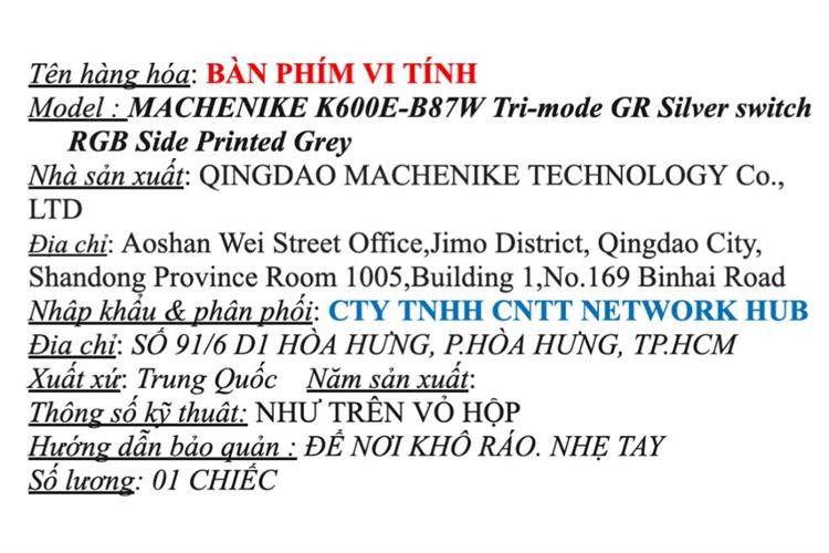 Bàn Phím Cơ Bluetooth Machenike K600E B87W GR Silver switch RGB Side Printed Màu Đen