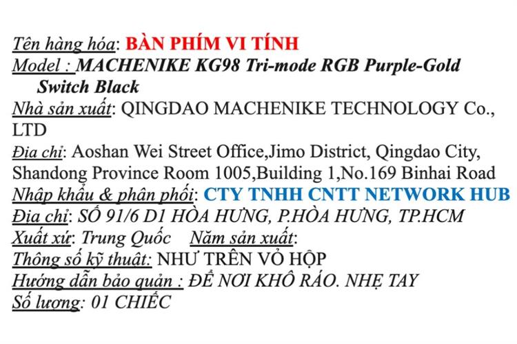 Bàn Phím Cơ Bluetooth Machenike KG98 RGB Purple-Gold Switch Màu Đen