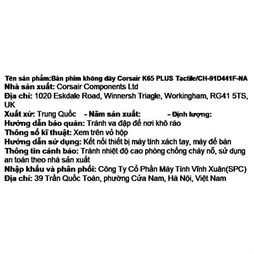 Bàn Phím Cơ Bluetooth Gaming Corsair K65 PLUS Tactile/CH-91D441F-NA Màu Đen