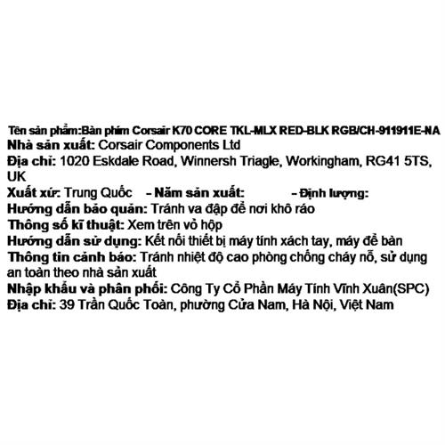 Bàn Phím Cơ Có Dây Gaming Corsair K70 CORE TKL-MLX RED-BLK RGB/CH-911911E-NA Màu Đen
