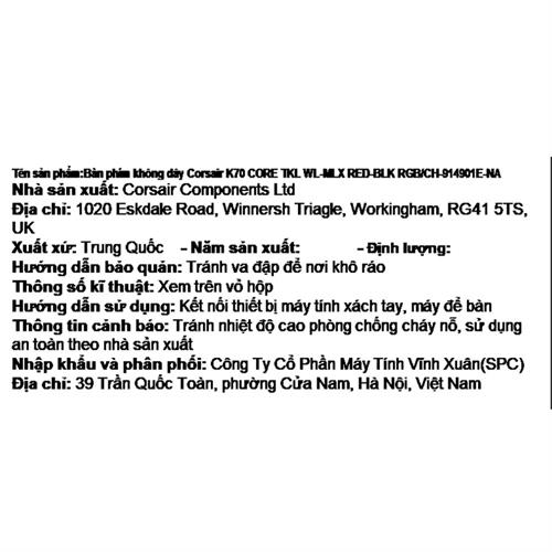 Bàn Phím Cơ Bluetooth Gaming Corsair K70 CORE TKL WL-MLX RED-BLK RGB/CH-914901E-NA Màu Đen
