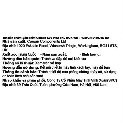 Bàn Phím Cơ Có Dây Gaming Corsair K70 PRO TKL-MGX-WHT RGB/CH-911921G-NA Màu Trắng
