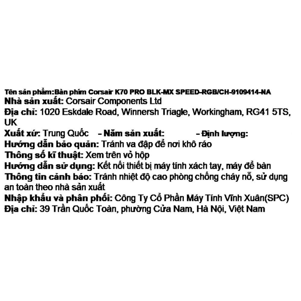 Bàn Phím Cơ Có Dây Gaming Corsair K70 PRO BLK-MX SPEED-RGB/CH-9109414-NA Màu Đen