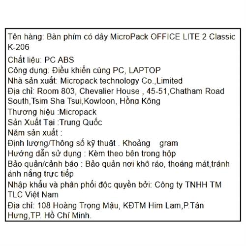 Bàn Phím Có Dây MicroPack K206 Màu Đen