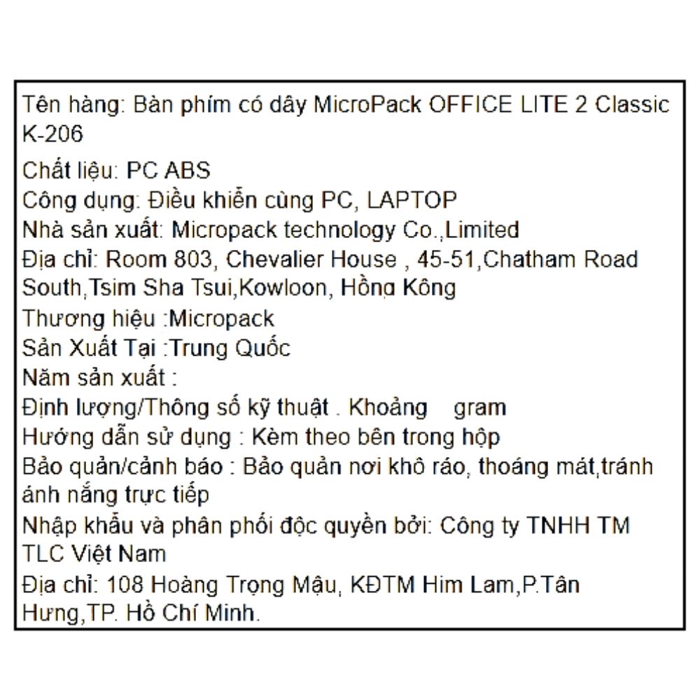 Bàn Phím Có Dây MicroPack K206 Màu Đen