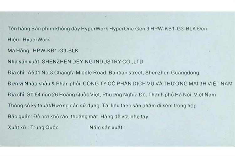 Bàn Phím Bluetooth HyperWork HyperOne Gen 3 Màu Đen