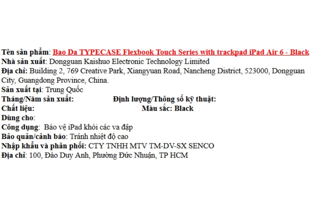 Bao Da Bàn Phím iPad Typecase Flexbook Touch Series with trackpad Air 6 Màu Đen