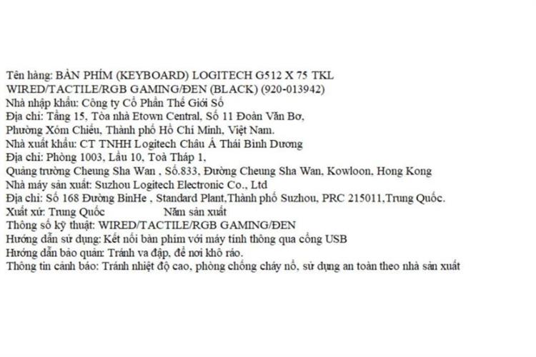 Bàn Phím Cơ Có Dây Logitech G512 X 98 TKL Màu Đen