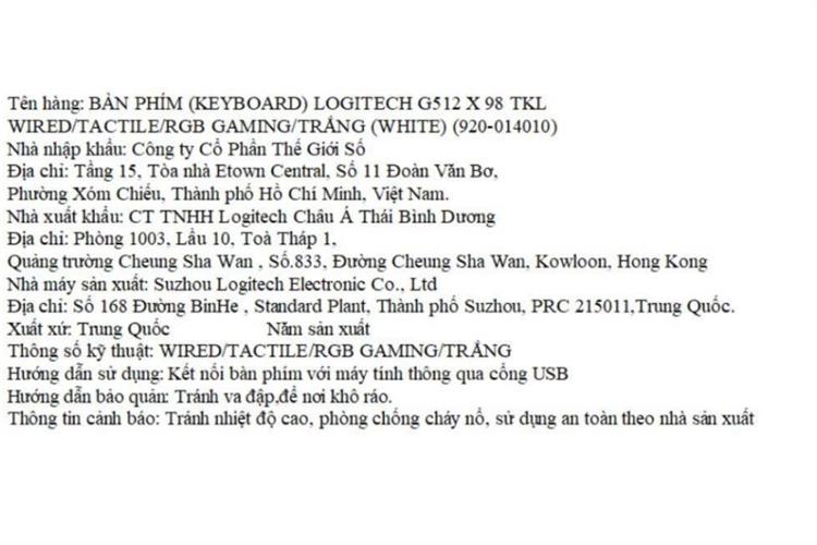 Bàn Phím Cơ Có Dây Logitech G512 X 98 TKL Màu Trắng