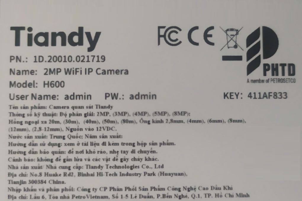Camera IP 360 Độ 2MP TIANDY TC-H600 Màu Đen