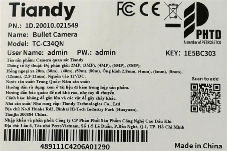 Camera IP Ngoài Trời Tiandy Bullet TC-C34QN Màu Trắng