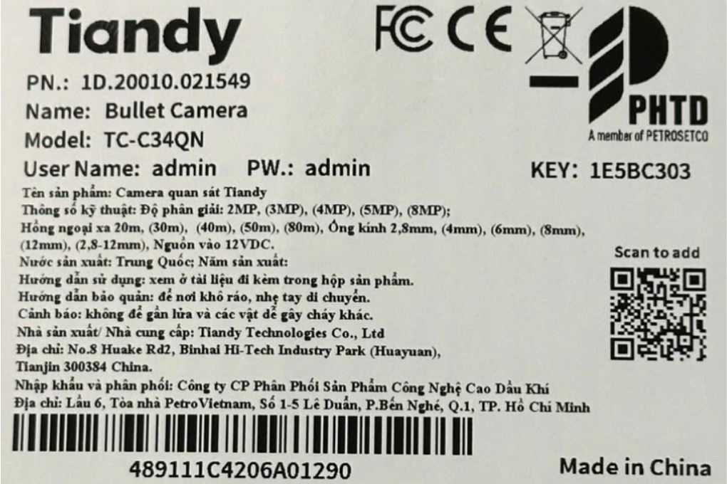 Camera IP Ngoài Trời 4MP Tiandy Bullet TC-C34QN Màu Trắng