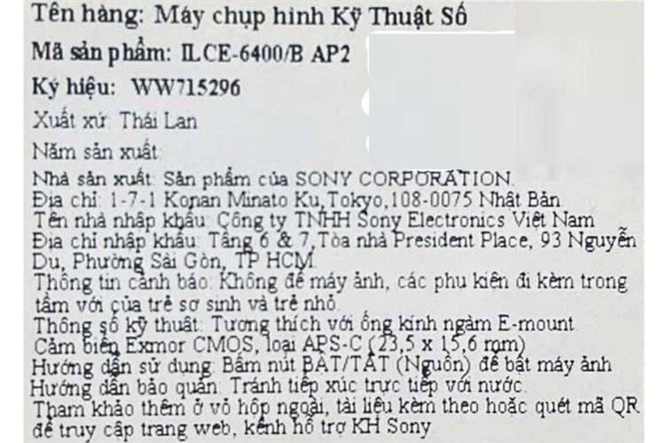 Máy ảnh kỹ thuật số Sony Alpha 6400 ILCE-6400/B AP2 Màu Đen