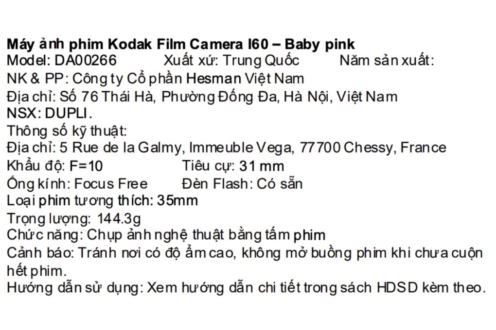 Máy ảnh Film Kodak I60 Màu Hồng
