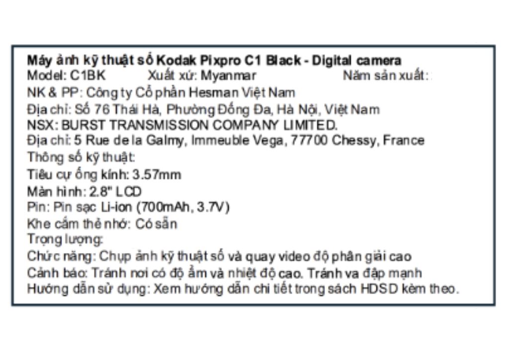 Máy ảnh kỹ thuật số Kodak C1 Màu Đen - Bạc
