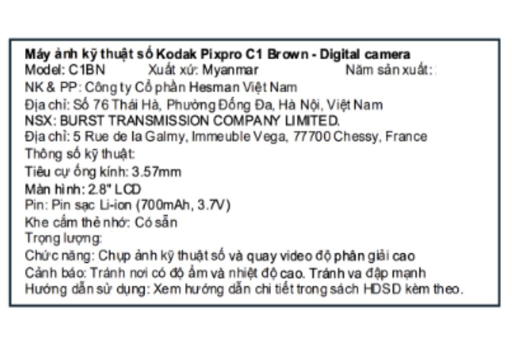 Máy ảnh kỹ thuật số Kodak C1 Màu Nâu