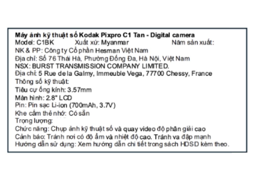Máy ảnh kỹ thuật số Kodak C1 Màu Nâu nhạt