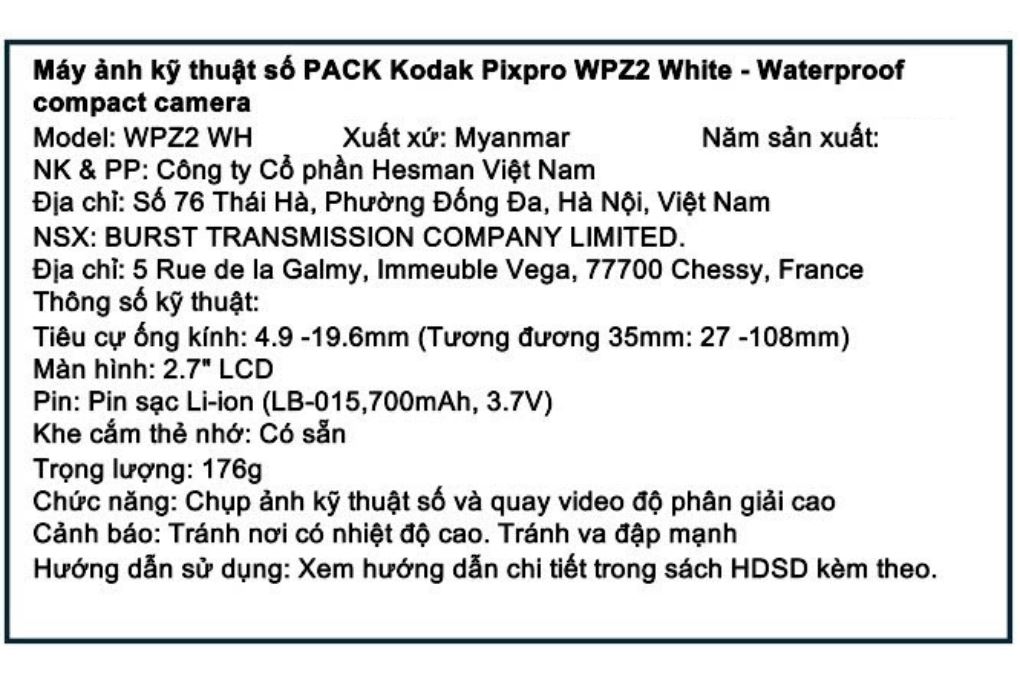 Máy ảnh kỹ thuật số chống nước Kodak WPZ2 Màu Trắng