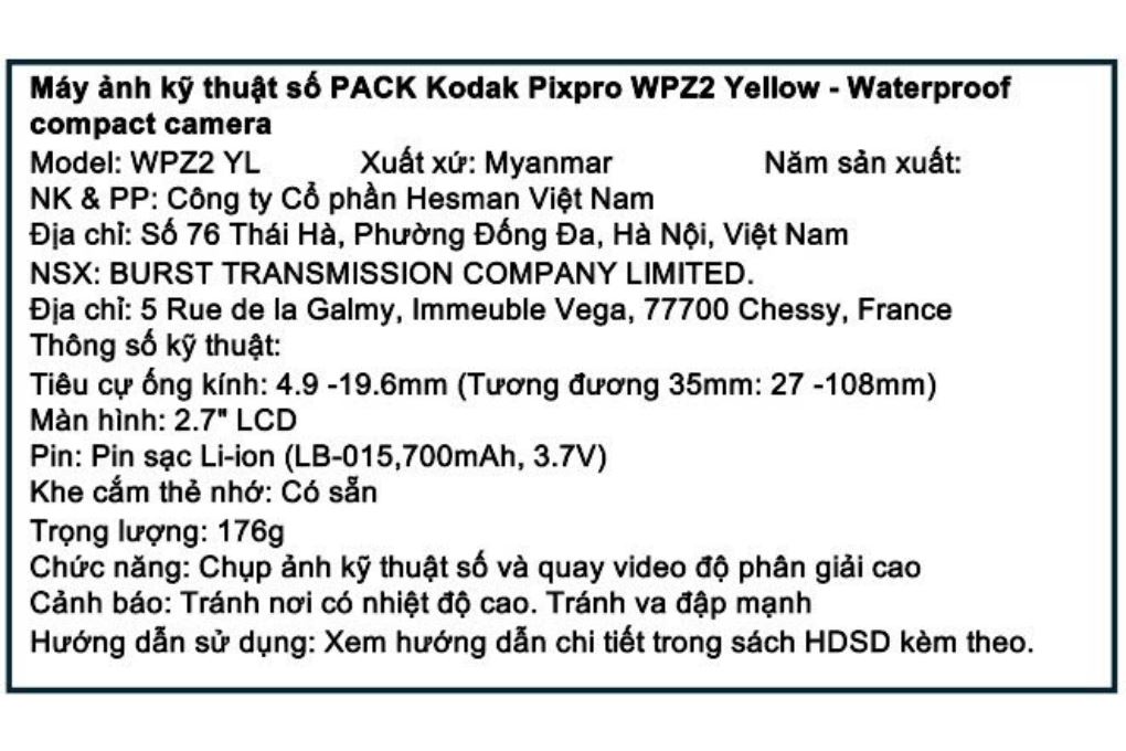 Máy ảnh kỹ thuật số chống nước Kodak WPZ2 Màu Vàng