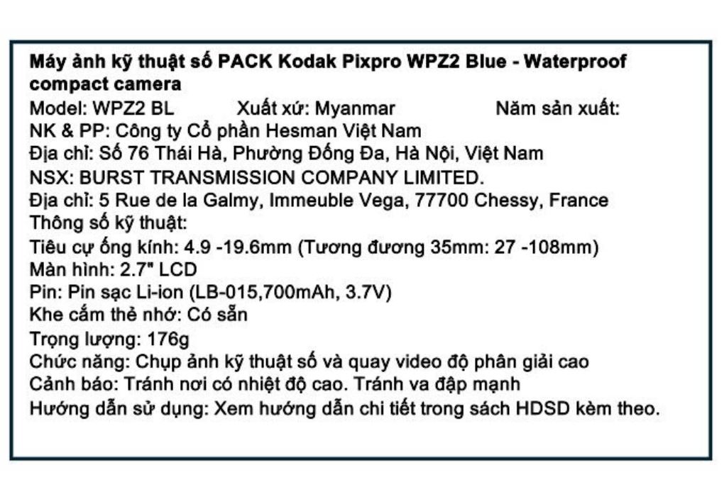 Máy ảnh kỹ thuật số chống nước Kodak WPZ2 Màu Xanh Dương
