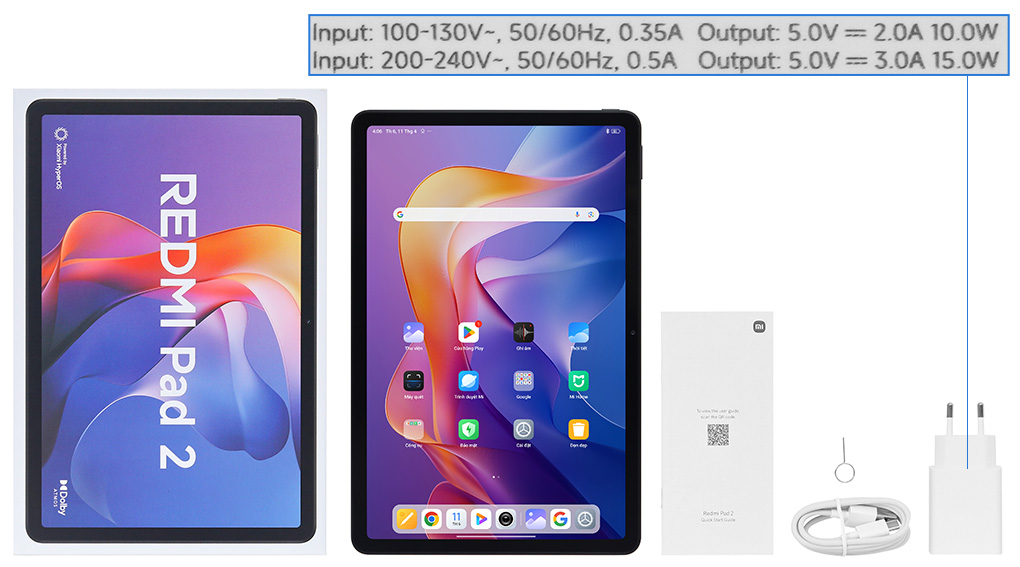 Bộ sản phẩm gồm: Sách hướng dẫn, Hộp máy, Cáp Type C - Type A, Củ sạc nhanh rời đầu Type A