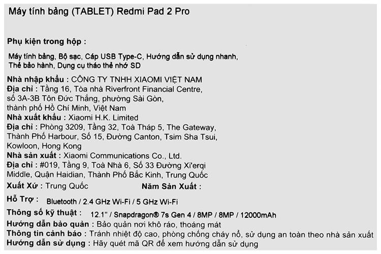 Máy tính bảng Xiaomi Redmi Pad 2 Pro WiFi 8GB/256GB Màu Bạc