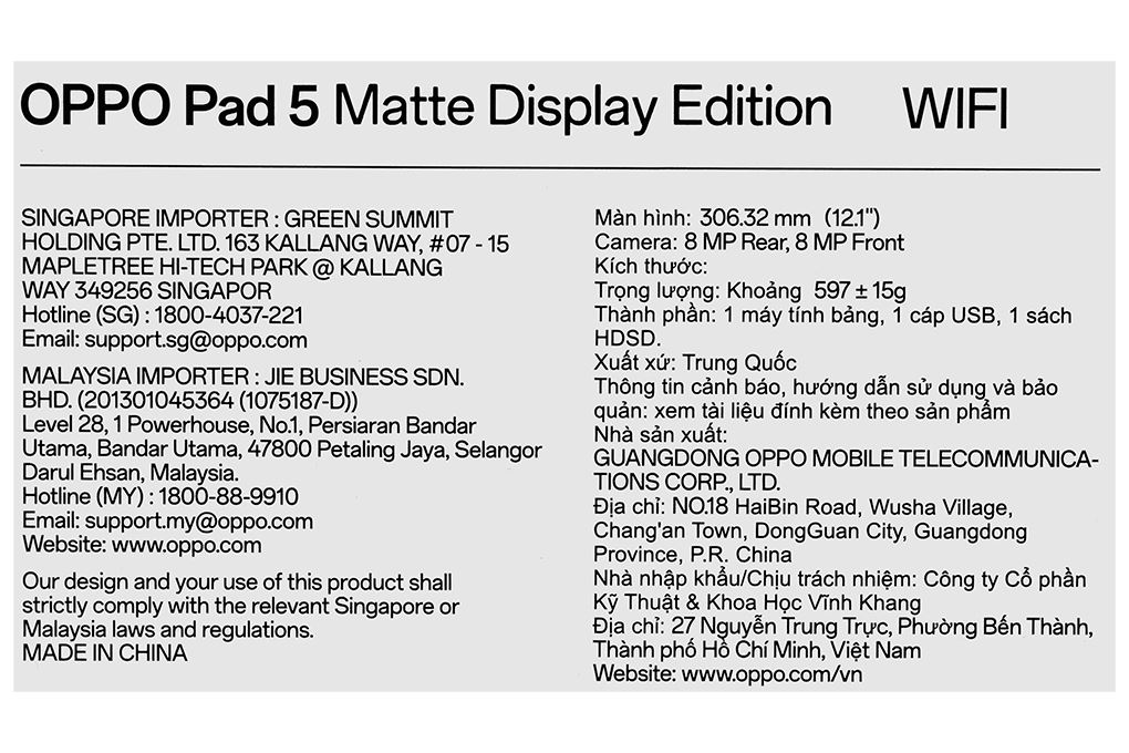 Máy tính bảng OPPO Pad 5 8GB/256GB Màu Đen