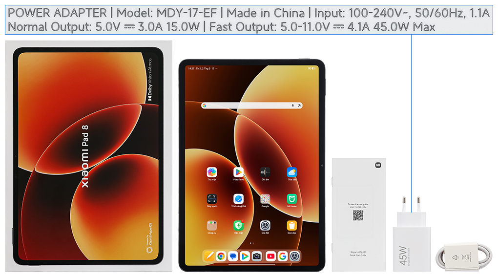 Bộ sản phẩm gồm: Củ sạc nhanh rời đầu Type A, Cây lấy sim, Hộp máy, Cáp Type C - Type A, Sách hướng dẫn